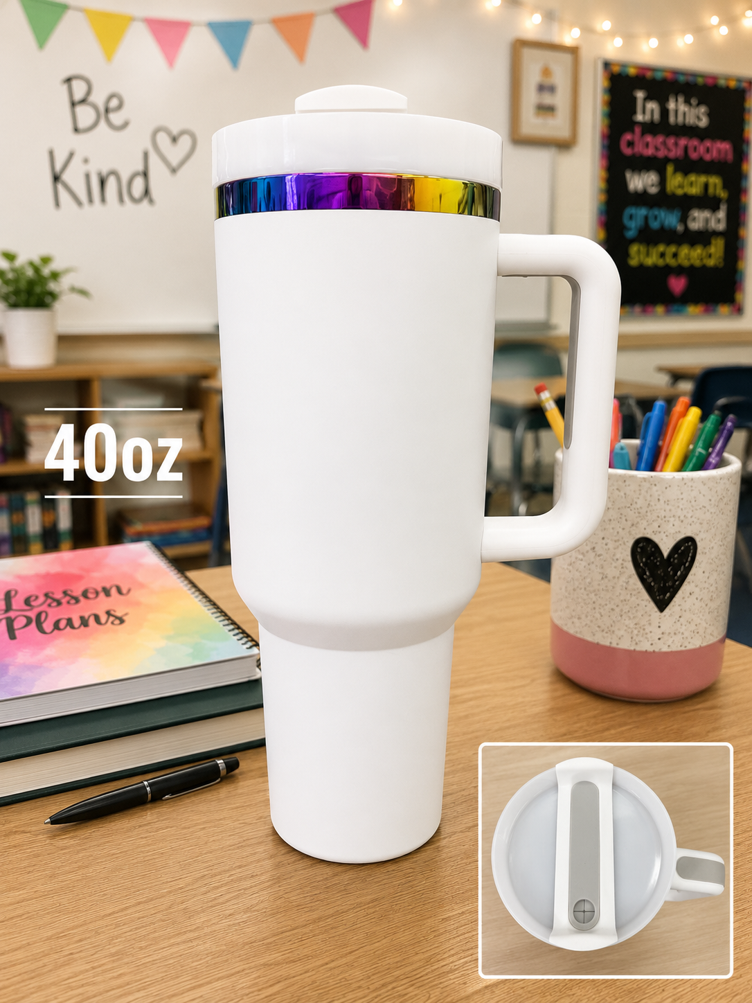 40oz White rainbow plated stainless steal water bottle w/ straw