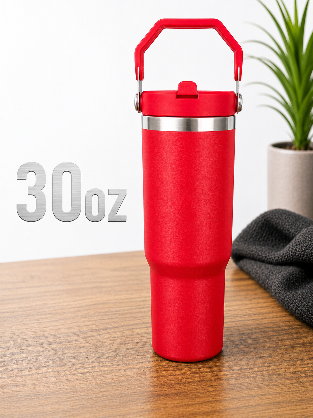 30oz water bottle Red with flip sip and straw