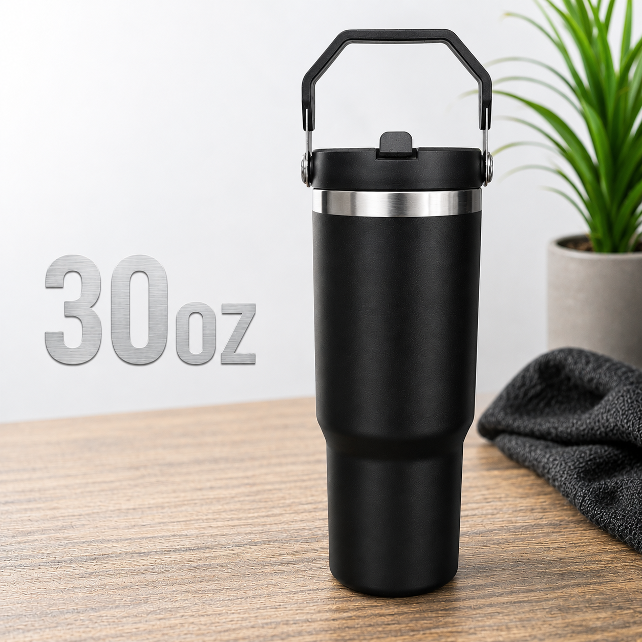 30oz water bottle Black with flip sip and straw