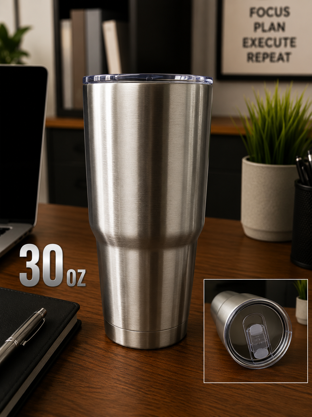 30oz Stainless Steal color tumbler with sliding lid cover