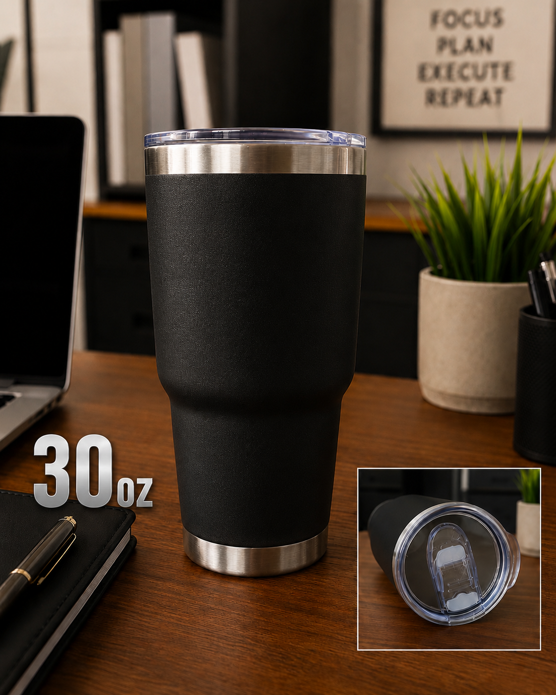 30oz Black tumbler with sliding lid cover