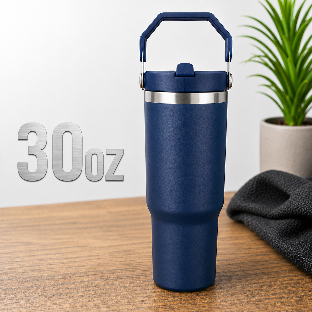 30oz water bottle Navy Blue with flip sip and straw