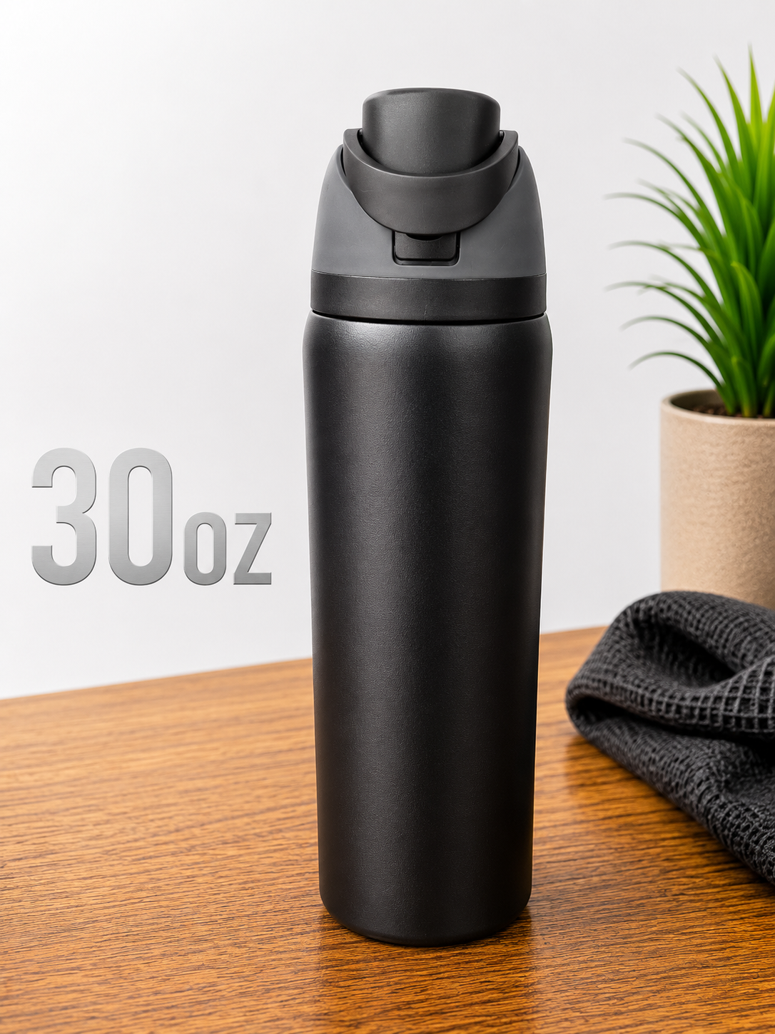 30oz dual opening Black Water Bottle with straw