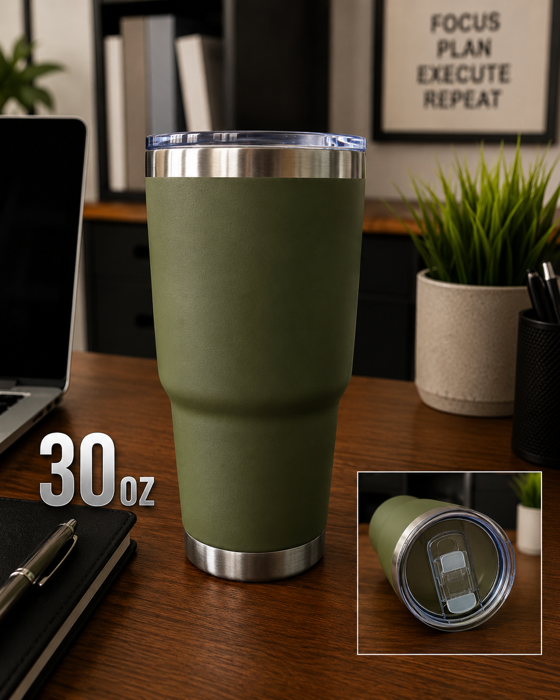 30oz Army Green tumbler with sliding lid cover