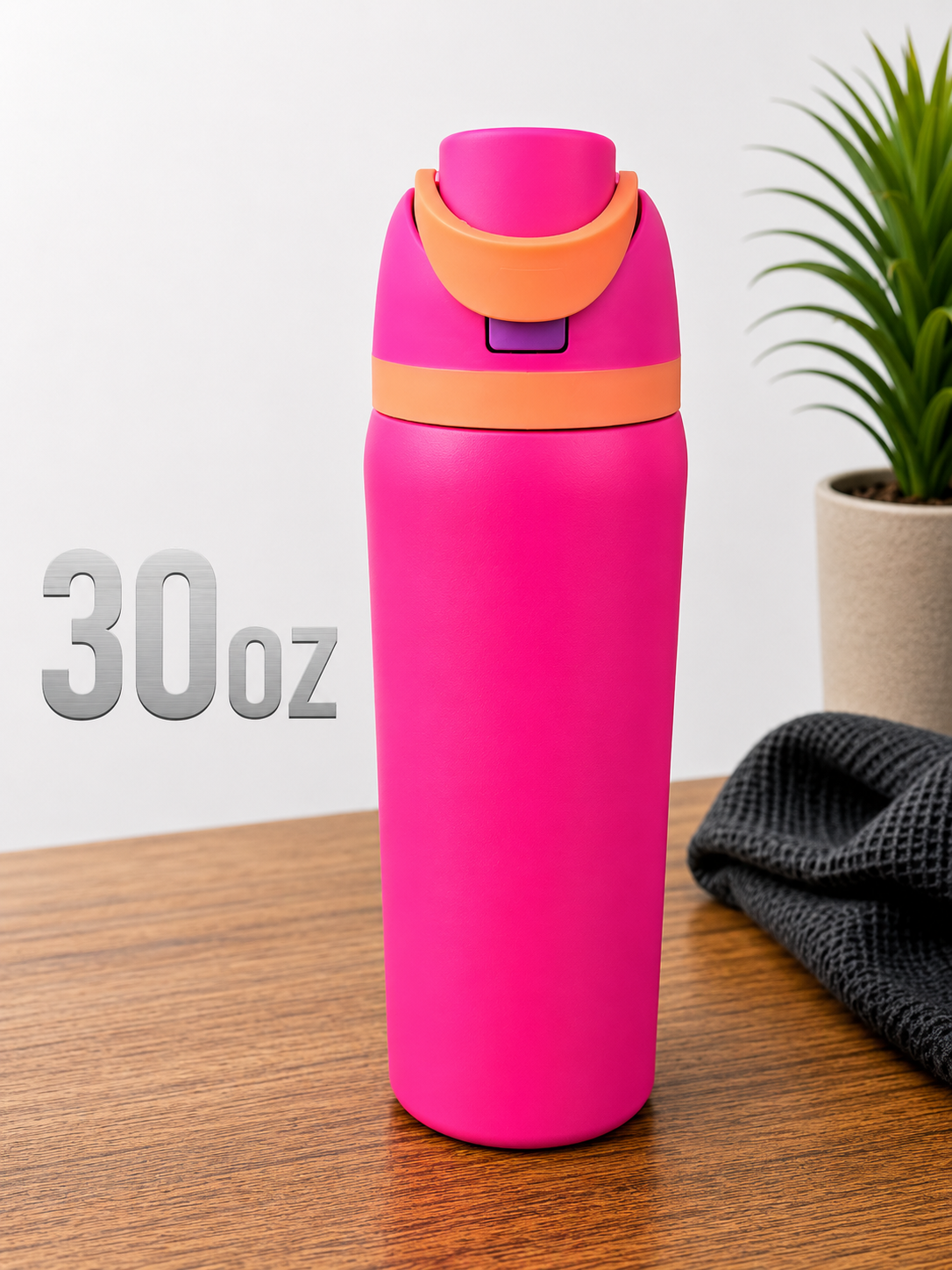 30oz dual opening Hot Pink Water Bottle with straw
